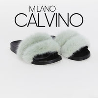 Luxurious Women’s Slippers with Two Strips of Mink Fur - Genuine Leather Sole - Milano Calvino