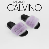 Luxurious Women’s Slippers with Two Strips of Mink Fur - Genuine Leather Sole - Milano Calvino