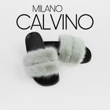 Luxurious Women’s Slippers with Two Strips of Mink Fur - Genuine Leather Sole - Milano Calvino