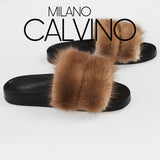 Luxurious Women’s Slippers with Two Strips of Mink Fur - Genuine Leather Sole - Milano Calvino