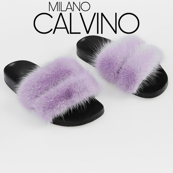 Luxurious Women’s Slippers with Two Strips of Mink Fur - Genuine Leather Sole - Milano Calvino