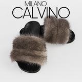 Luxurious Women’s Slippers with Two Strips of Mink Fur - Genuine Leather Sole - Milano Calvino