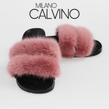 Luxurious Women’s Slippers with Two Strips of Mink Fur - Genuine Leather Sole - Milano Calvino