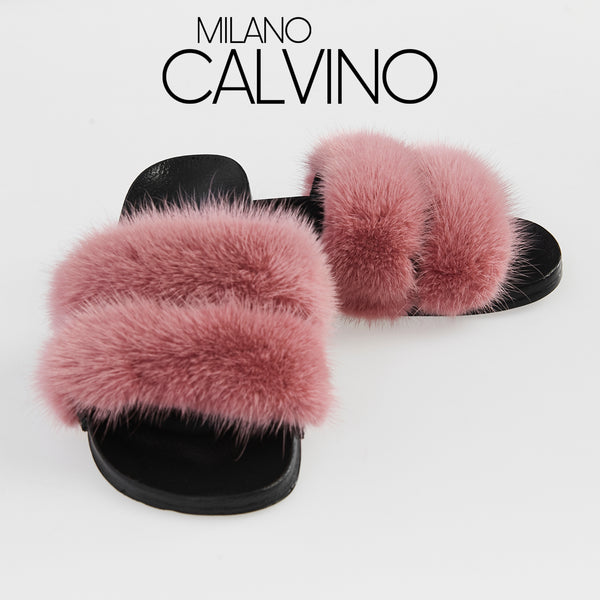 Luxurious Women’s Slippers with Two Strips of Mink Fur - Genuine Leather Sole - Milano Calvino