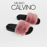 Luxurious Women’s Slippers with Two Strips of Mink Fur - Genuine Leather Sole - Milano Calvino