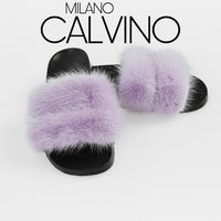 Luxurious Women’s Slippers with Two Strips of Mink Fur - Genuine Leather Sole - Milano Calvino