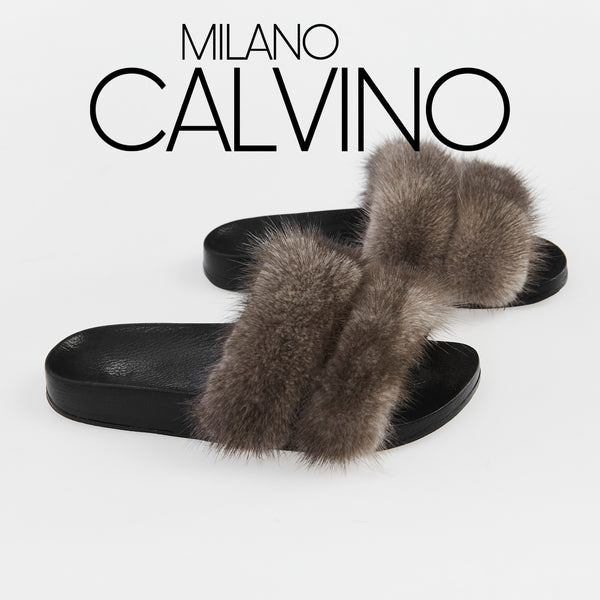 Luxurious Women’s Slippers with Two Strips of Mink Fur - Genuine Leather Sole - Milano Calvino