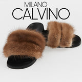 Luxurious Women’s Slippers with Two Strips of Mink Fur - Genuine Leather Sole - Milano Calvino