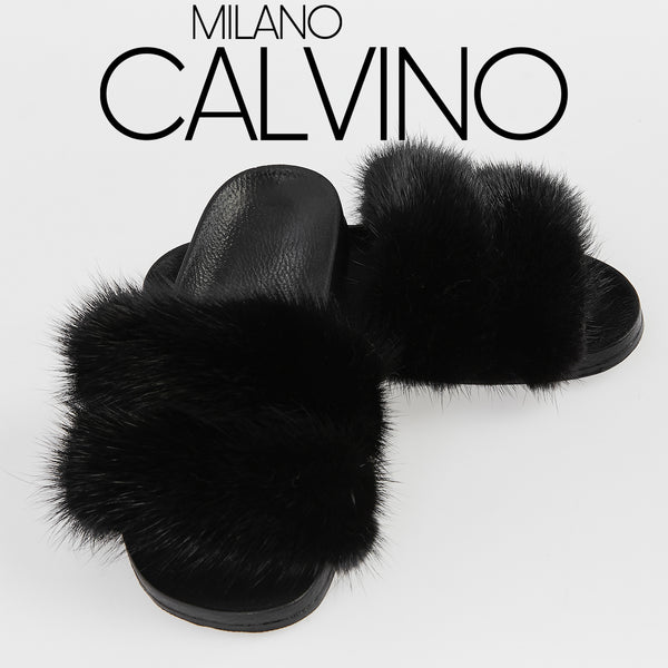 Luxurious Women’s Slippers with Two Strips of Mink Fur - Genuine Leather Sole - Milano Calvino