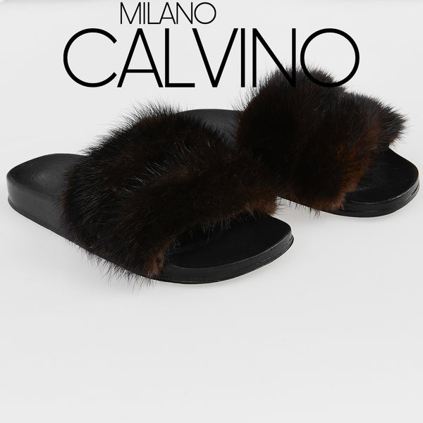 Luxurious Women’s Slippers with Two Strips of Mink Fur - Genuine Leather Sole - Milano Calvino