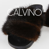 Luxurious Women’s Slippers with Two Strips of Mink Fur - Genuine Leather Sole - Milano Calvino